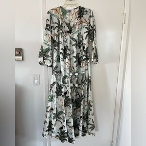 Green and White V-Neck Sundress with Bishop Sleeves